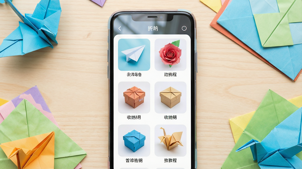 一张手机屏幕展示折纸App界面的场景图,画面中央是一部竖屏手机,屏幕上显示折纸教程分类列表,包含纸飞机、玫瑰花、收纳盒等缩略图,手机周围散落着彩色折纸作品和几张方形折纸,背景是浅色木质桌面,整体布局居中,风格清新明亮,细节上手机边框圆润、屏幕反光自然,画质高清干净,无多余元素