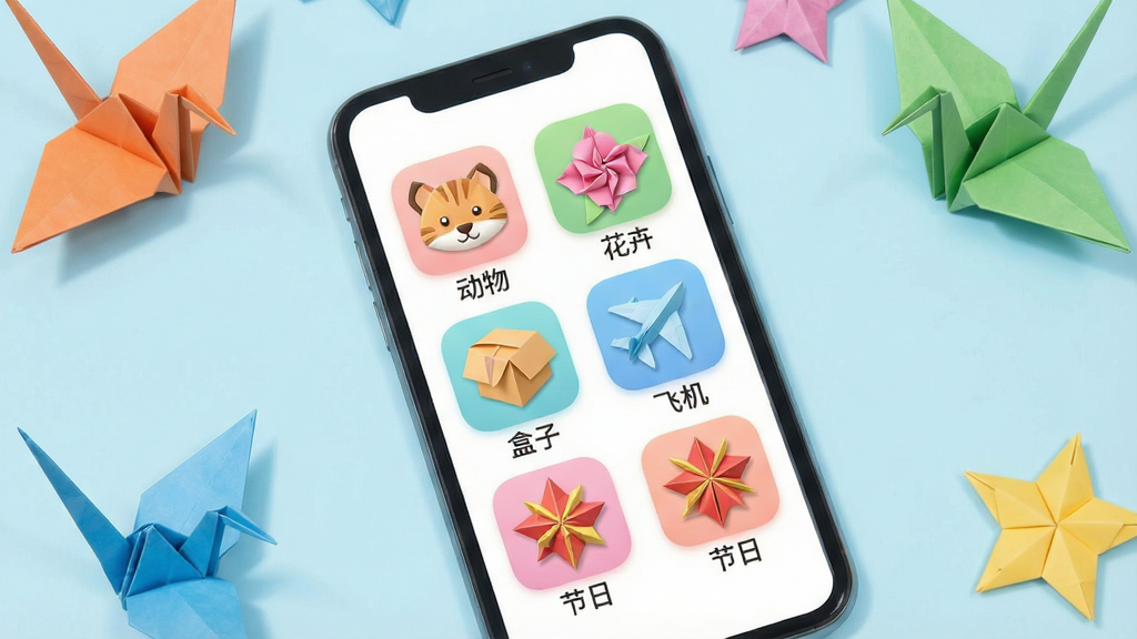 一张展示折纸App教程分类页面的生图,画面主体是一部手机,屏幕内呈现网格状分类图标,包括“动物”“花卉”“盒子”“飞机”“节日”等标签,每个标签配有对应的折纸成品小图,手机放置在淡蓝色桌面上,旁边散落几张折好的彩色纸鹤和星星,布局采用俯视角度,风格简约卡通,细节上图标圆润、色彩柔和,画质清晰干净,无多余元素