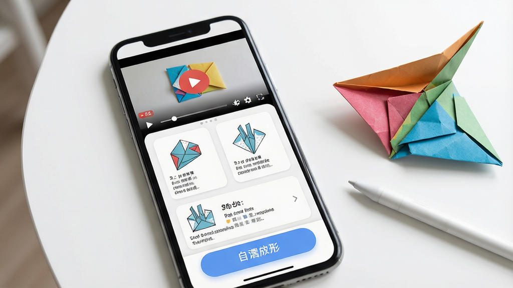 一张折纸App教程详情页的生图,画面中央是手机屏幕,屏幕上半部分显示视频播放窗口,下半部分显示分步图解列表,每步配有折叠示意图和简短文字,手机旁边放着一张折到一半的彩色折纸和一支触控笔,背景为白色桌面,布局上下结构,风格现代简洁,细节上屏幕内容清晰、按钮圆角,画质高清干净,无多余元素