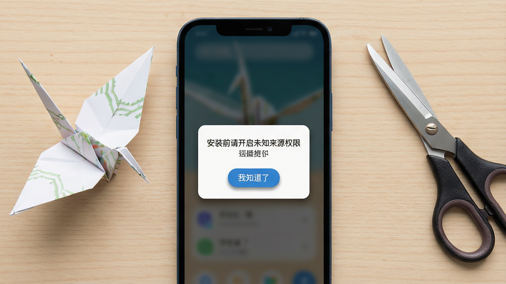 一张折纸App新手操作提示界面的生图,画面主体是手机屏幕,屏幕内显示一个弹窗提示,内容为“安装前请开启未知来源权限”,下方有“我知道了”按钮,手机旁边放着一张折了一半的纸鹤和一把剪刀,背景为浅色木纹桌面,布局居中,风格扁平化,细节上弹窗阴影自然、按钮有按压感,画质清晰干净,无多余元素