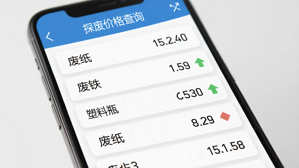 手机屏幕展示探废价格查询页面,列表显示废纸、废铁、塑料瓶等条目及对应价格数字,旁边有涨跌箭头标识,界面排版整齐,背景为白色卡片式设计,风格清新商务,细节锐利,画质干净高清