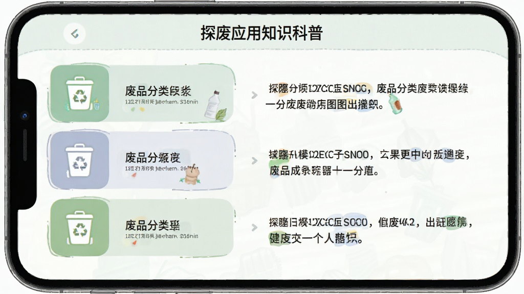 探废应用内的知识科普页面,图文并茂展示废品分类图示与文字说明,页面布局清晰,左侧为分类图标,右侧为解释文字,风格简洁教育风,色彩柔和,细节丰富,画质明亮干净