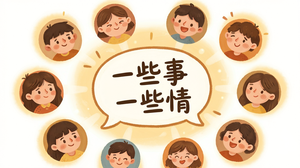 一张表现社交互动氛围的插画,主体是多个圆形头像围绕一个中心对话框排列,对话框内写着“一些事一些情”,布局呈放射状分布,排版活泼灵动,风格为温暖治愈系插画,细节上每个头像表情各异但都带着微笑,背景有柔和的光晕,画质清晰干净,无多余元素