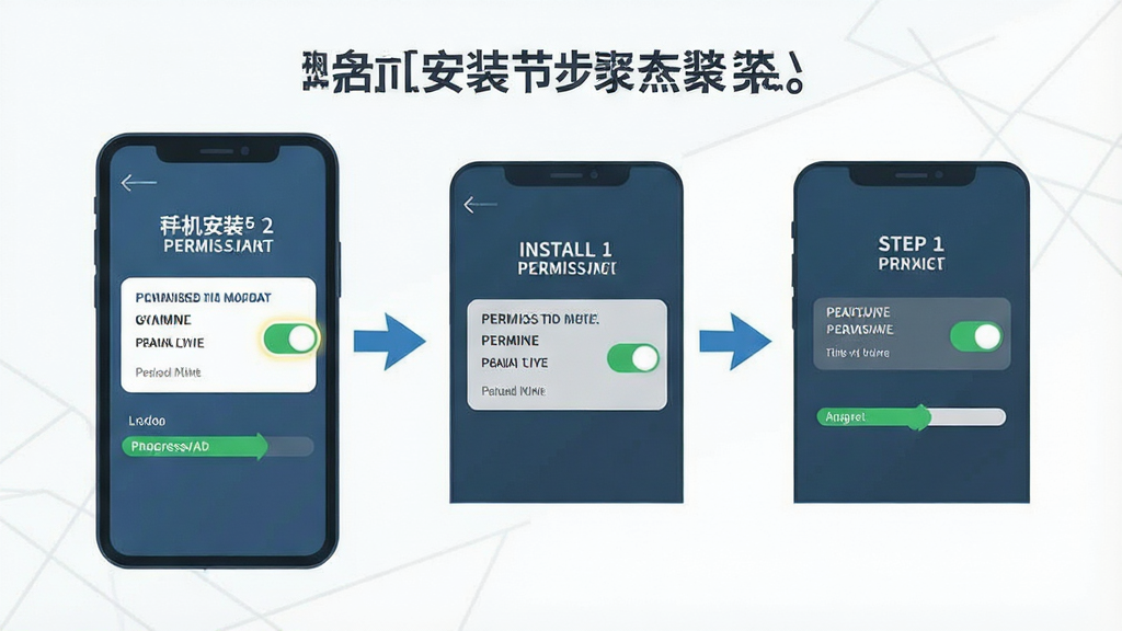 一张表现手机应用安装步骤的图解插画,主体是手机屏幕显示安装权限设置界面和进度条,旁边有箭头引导操作流程,布局为分步骤展示,排版清晰易懂,风格为扁平化信息图风格,细节上权限开关有高亮标注,背景简洁,画质清晰干净,无多余元素