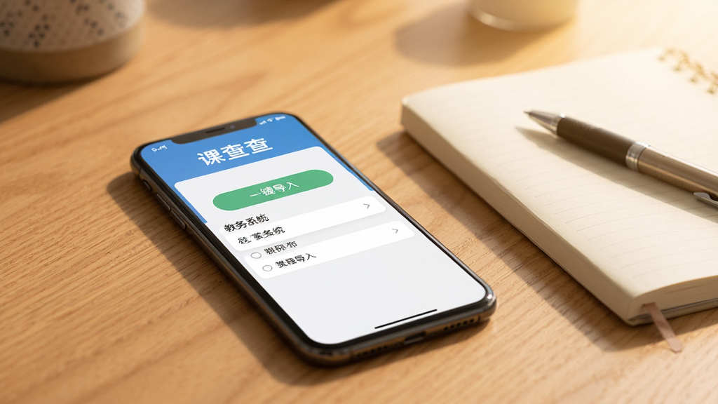 一部智能手机放在木质桌面上,屏幕显示课查查软件的课程导入界面,界面中有