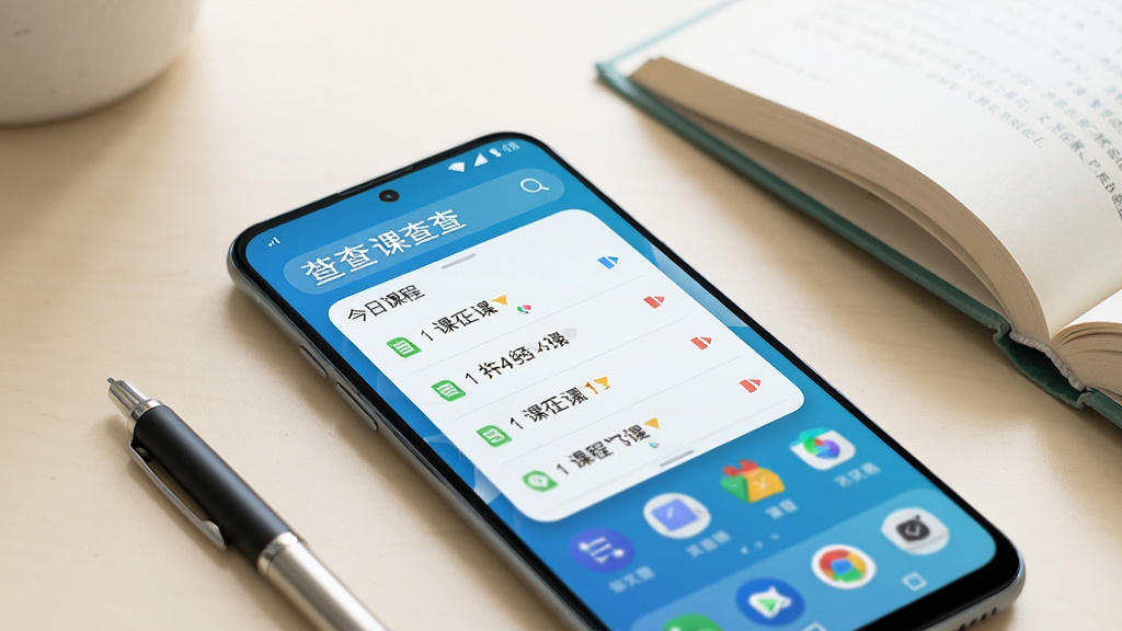 一部安卓手机屏幕显示课查查软件的桌面小组件,小组件上清晰展示今日课程列表,手机放置在浅色桌面上,旁边有一支笔和一本打开的书,背景简洁明亮,风格清新,画质高清,干净无多余元素