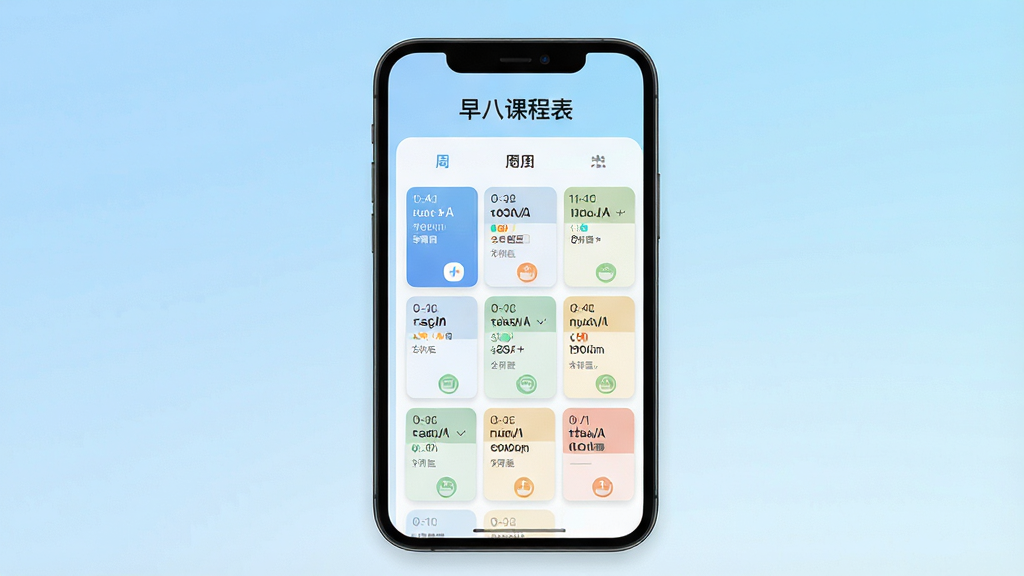 一张展示早八课程表手机应用主界面的预览图,画面中央是带有课程卡片的周课表视图,顶部显示“早八课程表”文字标识,背景为浅蓝色渐变,风格清新简约,细节清晰,画质干净,无多余元素