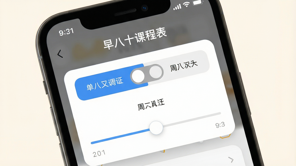 一张展示早八课程表周次选择界面的预览图,画面中手机屏幕显示带有单双周切换按钮和周次滑块的设置面板,背景为柔和的米白色,风格干净清爽,细节清晰,画质明亮,无多余元素