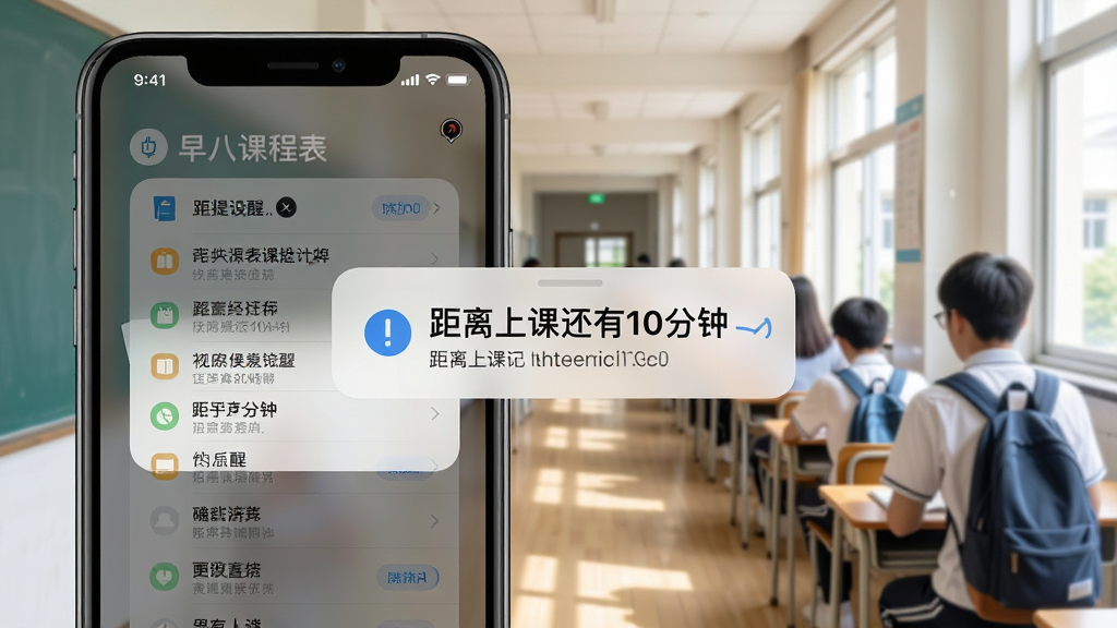 一张展示早八课程表课前提醒设置界面的预览图,画面中手机屏幕弹出带有“距离上课还有10分钟”字样的提醒弹窗,背景为教室走廊场景,风格写实明亮,细节清晰,画质干净,无多余元素