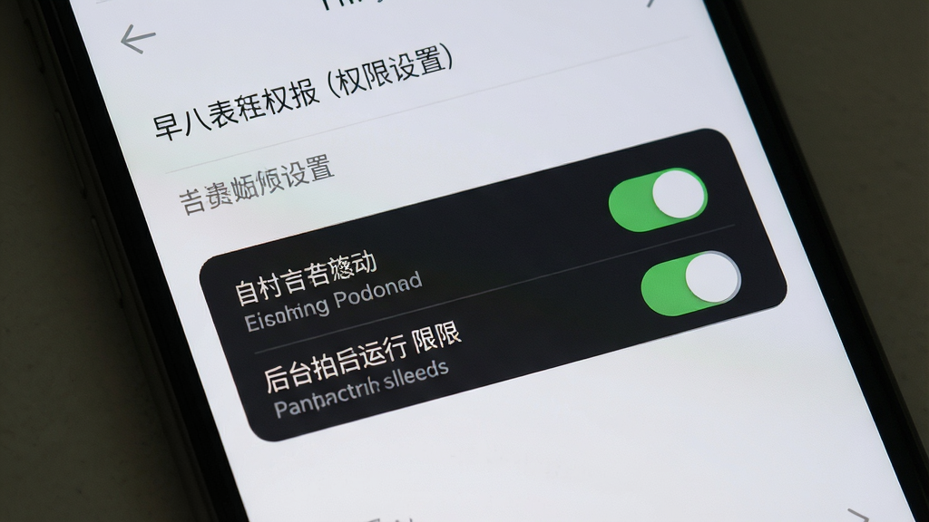 一张展示早八课程表权限设置引导页的预览图,画面中手机屏幕显示自启动与后台运行权限开关,背景为浅灰色设置菜单,风格简洁直观,细节清晰,画质干净,无多余元素