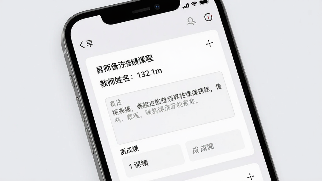 一张展示早八课程表课程备注与成绩记录页面的预览图,画面中手机屏幕显示课程详情卡片,包含教师姓名、备注文本框和成绩输入栏,背景为浅灰色,风格素雅简洁,细节清晰,画质干净,无多余元素