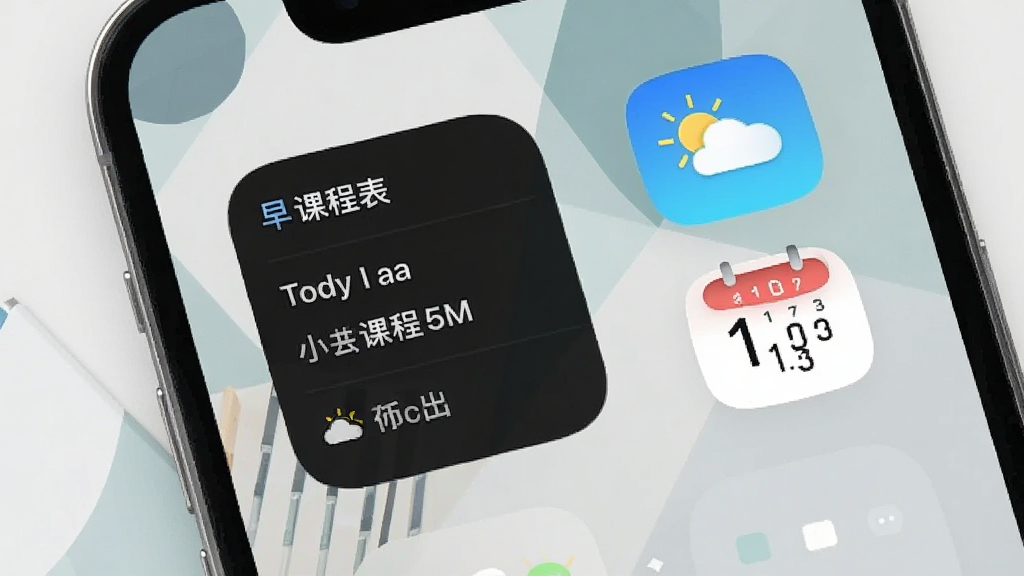 一张展示早八课程表桌面小组件效果的预览图,画面中手机桌面摆放着显示今日课程的方形小组件,旁边有天气和日历图标,背景为简约几何图案壁纸,风格现代清新,细节清晰,画质干净,无多余元素