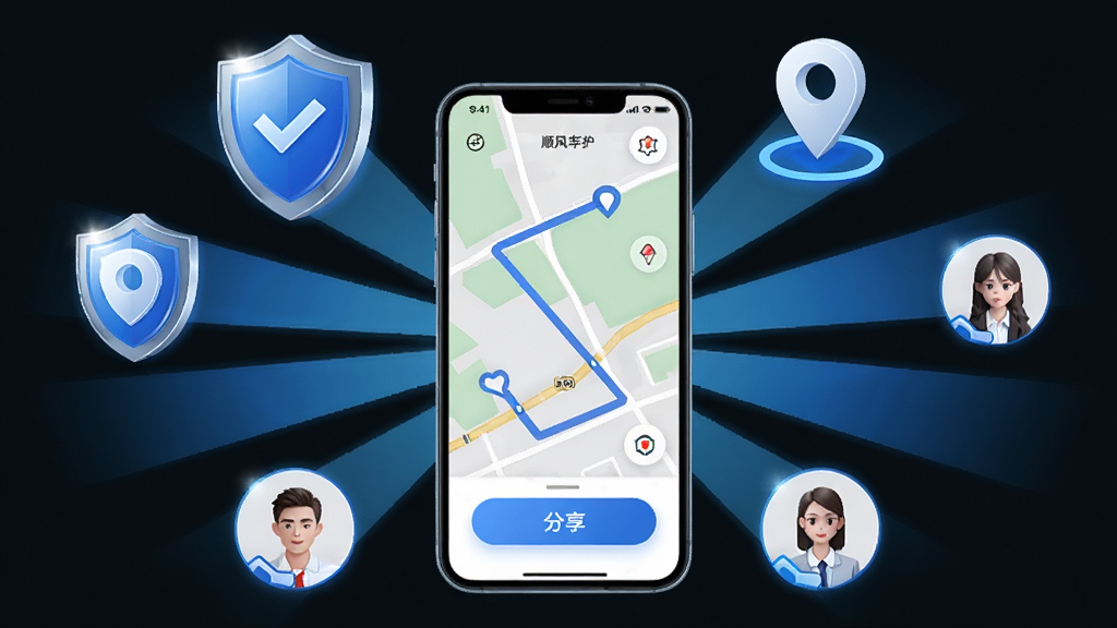 һ�����˳�糵��ƽ̨�г̰�ȫ�ػ����ܵ���ͼ������������һ���ֻ�����Ļ����ʾ�ŵ�ͼ�켣�ͷ�����ť����Χ�����Ŷ��ơ���λͼ�����ϵ��ͷ�񣬲���ΪΧ���ֻ��ʷ���״���У����Ϊ��ȫ�Ƽ����ϸ�ڰ�����ɫ�Ķ��Ƹ߹⡢������ͼ����ƣ����ʸɾ����޶���Ԫ�ء�
