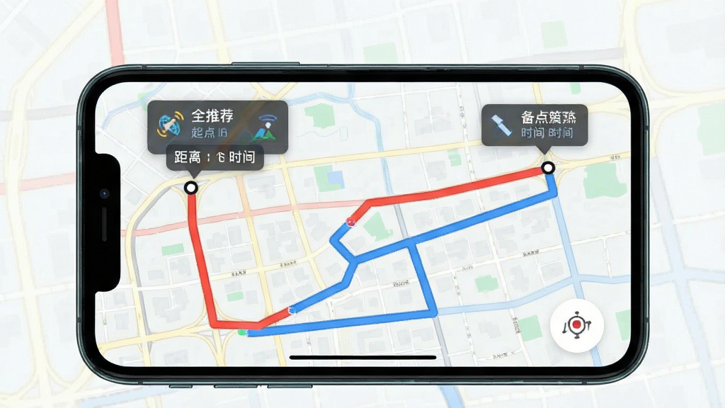 画面展示“全民卫星定位导航”路线规划界面,主体为手机屏幕,屏幕中显示起点与终点之间的多条彩色路线,红色为主推荐路线,蓝色为备选路线,布局为手机居中,背景为浅色城市地图,风格为现代简约科技风,细节上标注距离与时间信息,画质清晰,干净,无多余元素