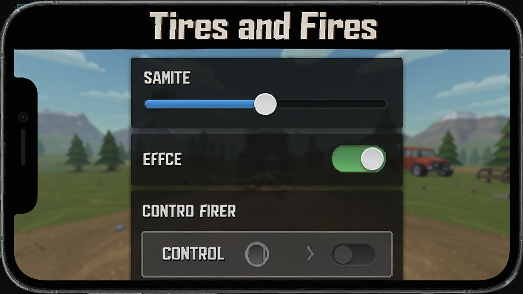 手机屏幕显示Tires and Fires游戏设置界面,主体为设置选项列表,布局竖向排列,排版清晰,风格为游戏UI截图,细节包括画质调节滑块、音效开关、控制方式选项,画质干净无多余元素,画面中带有