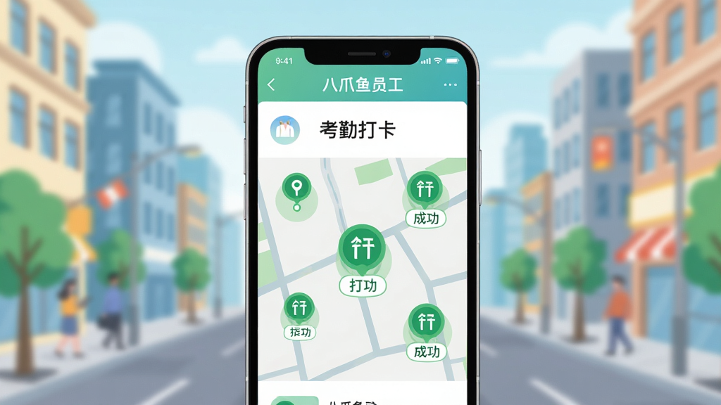 画面中心展示一部手机,屏幕显示“八爪鱼员工”的考勤打卡页面,地图上标注着绿色定位圆圈与打卡成功标识,背景为虚化的城市街景,风格为扁平化插画,色彩清新明亮,主体突出,排版简洁,画质细腻,无杂乱元素