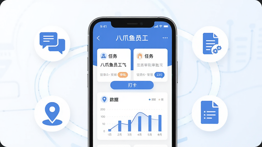 画面主体为一款智能手机,手机屏幕中显示着“八爪鱼员工”应用界面,界面布局包含任务卡片、打卡按钮与数据图表,手机周围环绕着代表沟通、审批、定位、报表的扁平化图标,整体采用现代商务科技风格,蓝白配色为主,画面干净简洁,布局居中,画质清晰,无多余元素