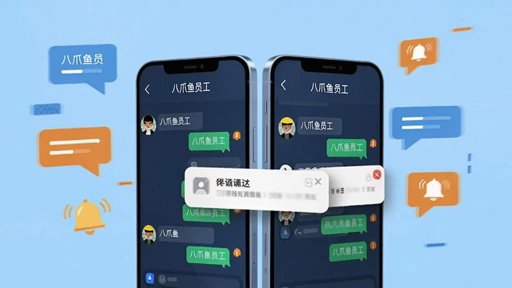 画面展示两部智能手机相互靠近,屏幕中显示“八爪鱼员工”的聊天界面与通知弹窗,周围飘浮着对话气泡与铃铛图标,风格为扁平化科技插画,色彩以蓝色和橙色点缀,布局对称,画质清晰,无多余装饰