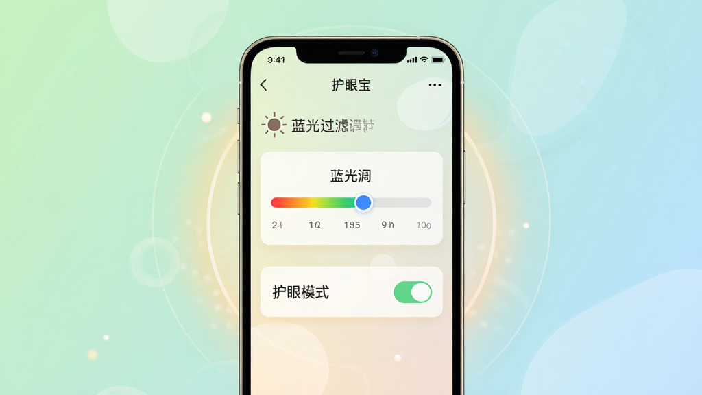 护眼宝软件主界面展示,画面中央是一部智能手机,屏幕显示护眼宝APP的蓝光过滤调节界面,界面中有色温滑块和护眼模式开关,背景为柔和的浅绿色与淡蓝色渐变,布局简洁清晰,风格为现代扁平化科技风,细节包括屏幕发出的柔和暖光、周围有轻微的光晕效果,画质高清,干净无多余元素