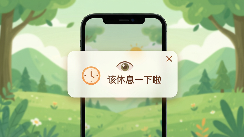 护眼宝定时休息提醒界面,画面中央手机弹出温馨提醒窗口,文字显示“该休息一下啦”,背景为柔和的绿色自然风景,布局简洁,风格为清新插画风,细节包括时钟图标、眼睛图标,画质高清,干净无多余元素