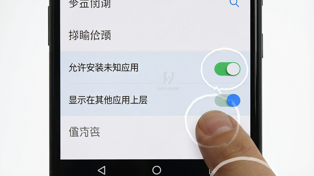 护眼宝安装权限设置示意图,画面为安卓手机设置界面,高亮显示“允许安装未知应用”和“显示在其他应用上层”两个权限开关,背景为系统设置菜单,布局清晰,风格为手机截图写实风,细节包括手指点击开关的动作示意,画质高清,干净无多余元素
