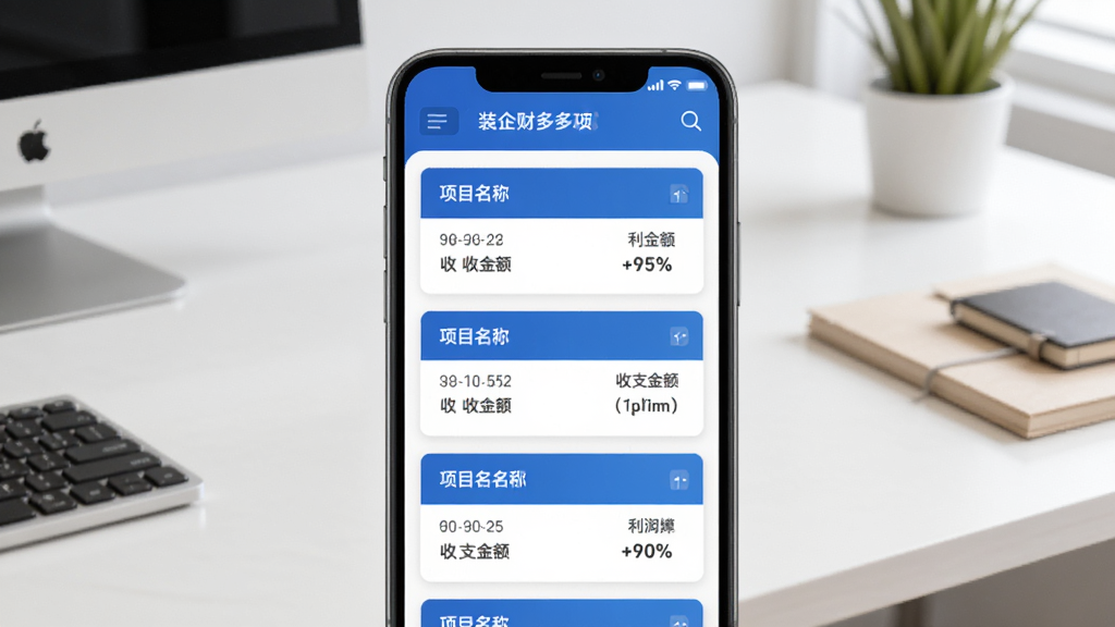 装企财多多项目核算功能界面图,画面展示手机屏幕中多个装修项目卡片列表,每个卡片显示项目名称、收支金额和利润百分比,配色为蓝色与白色商务风格,背景为简洁的办公桌面,画质清晰,干净无多余元素