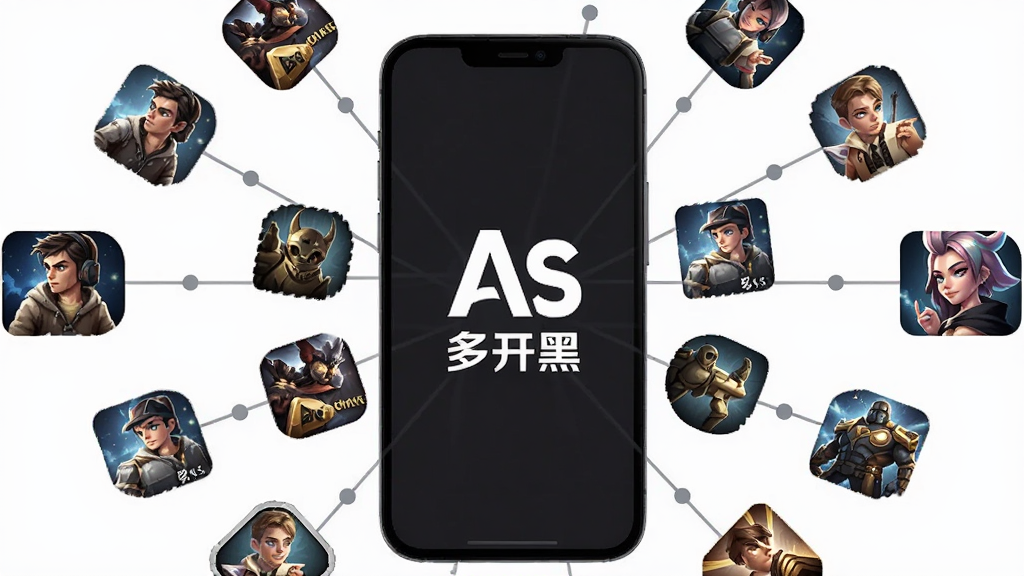 一张展示 As开黑 多游戏适配特性的图片,画面中央为手机屏幕显示多款游戏图标环绕 As开黑 标志,布局呈圆形放射状,风格扁平化设计,细节清晰展示图标与连接线条,画质高清,干净无多余元素
