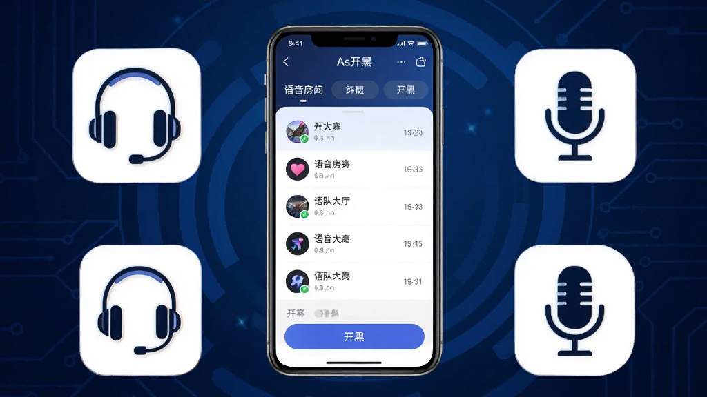 一张展示 As开黑 软件主界面的手机场景图,画面中央是一部竖屏智能手机,屏幕内显示 As开黑 的组队大厅界面,包含语音房间列表与开黑按钮,手机周围环绕简约的游戏耳机与麦克风图标,背景为深蓝渐变科技风格,布局居中对齐,风格简洁现代,细节清晰,画质高清,干净无多余元素