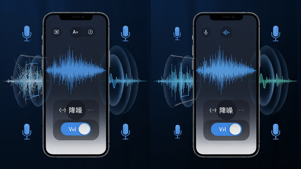 一张展示 As开黑 语音降噪功能的示意图,画面主体为手机屏幕中的语音波形与降噪开关,周围环绕声波过滤图形与麦克风图标,布局左右分栏,风格科技蓝调,细节表现声波由杂乱变清晰的过程,画质高清,干净无多余元素