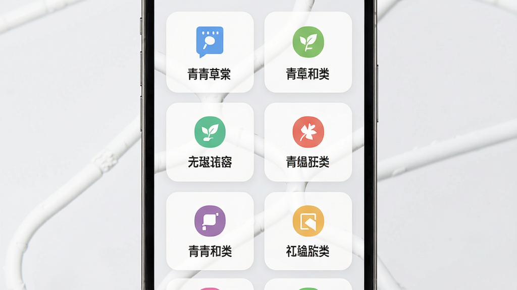 青青草棠内容分类清晰展示,主体为手机屏幕内显示多个内容分类标签卡片,布局为网格状排列、每张卡片带图标与文字,排版整齐有序,风格为扁平化卡片设计,细节包括彩色标签、圆角边框、浅灰背景,画质清晰干净,无多余元素
