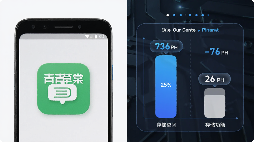 青青草棠轻量省存储功能展示,主体为一部安卓手机与存储空间对比图表,布局为左侧手机展示青青草棠应用图标、右侧显示存储占用数值对比,排版左右分栏,风格为科技感简约风,细节包括蓝色调高亮、数字标注、圆角矩形图表,画质清晰干净,无多余元素