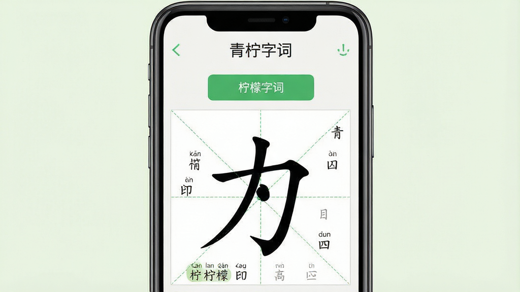 一张展示青柠字词软件界面的预览图,主体为手机屏幕中显示田字格字帖生成页面,布局采用居中构图,屏幕上方有软件名称