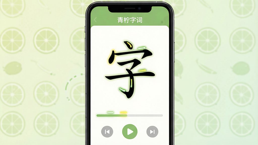 一张展示青柠字词笔顺演示功能的预览图,主体为手机屏幕显示汉字笔顺动画界面,布局为居中大字号展示汉字,下方有笔画进度条与播放控制按钮,排版简洁,风格为教育类应用动效界面,细节包括汉字笔画逐步高亮显示、界面有
