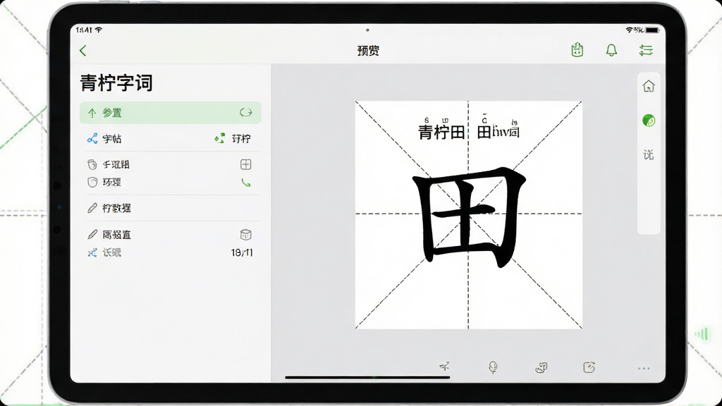 一张展示青柠字词田字格字帖生成功能的预览图,主体为平板电脑屏幕显示字帖排版界面,布局采用左右分栏,左侧为参数设置区,右侧为田字格预览区,排版规整,风格为现代教育类应用界面,细节包括田字格线条清晰、汉字居中、拼音标注在汉字上方、界面有