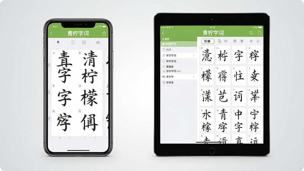 一张展示青柠字词在手机与平板设备上运行的预览图,主体为两部设备并排展示,左侧手机显示字帖预览界面,右侧平板显示字词库管理界面,布局对称,排版清晰,风格为数码产品展示风格,细节包括设备屏幕中均有