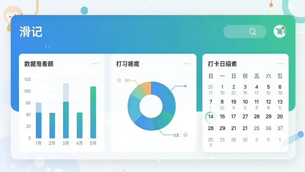 一张数据统计面板的UI设计图,画面中展示着“滑记”的学习报告页面,包含柱状图、饼图和打卡日历,配色采用蓝绿渐变,界面简洁现代,画质清晰,干净,无多余元素