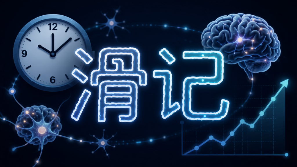 一张展示算法逻辑的科技感概念图,画面中有一个由发光线条组成的“滑记”Logo,周围环绕着时钟、大脑神经元和上升的折线图,背景为深蓝色,风格偏向数据可视化,细节丰富,画质清晰,干净,无多余元素
