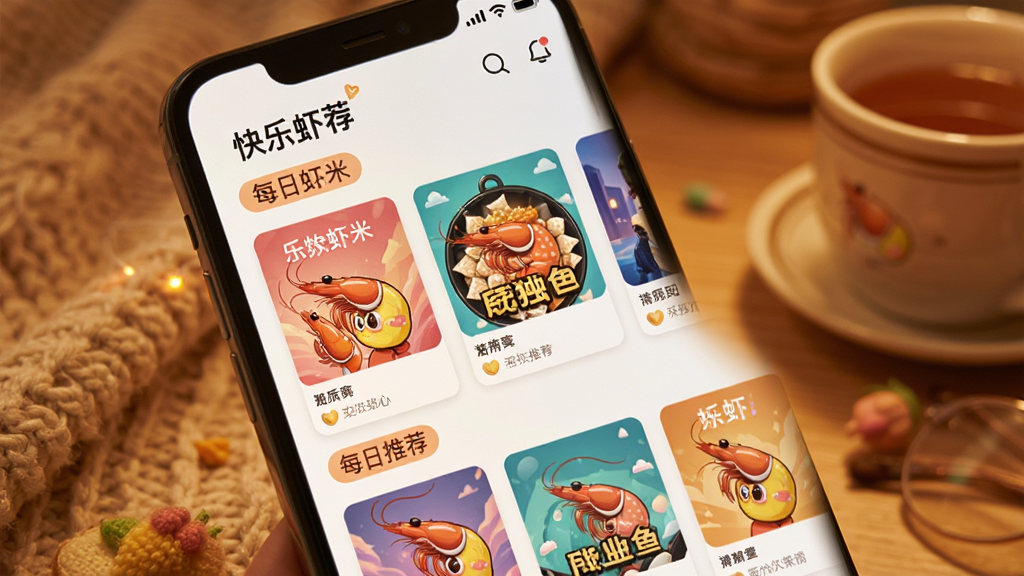手机屏幕中显示“快乐虾米”个性化推荐页面,画面中有多个歌单卡片和每日推荐标签,背景为暖色调,风格温馨舒适,细节丰富,画质清晰,无多余元素。