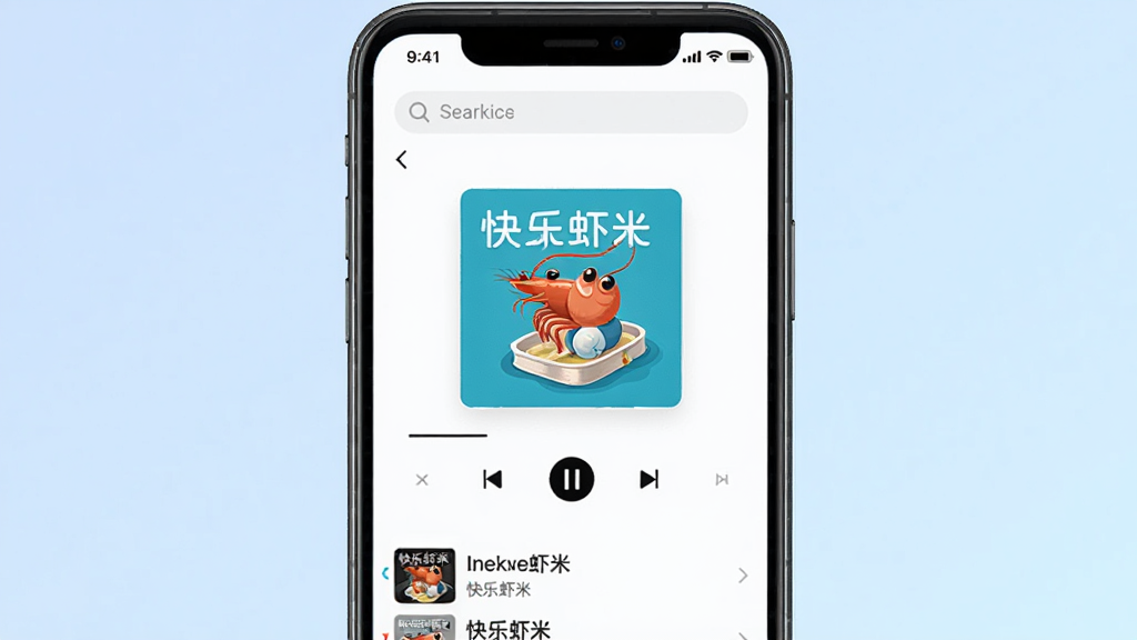 画面中央展示一部智能手机,屏幕内显示“快乐虾米”音乐播放界面,顶部有搜索栏,中部是专辑封面和播放控制按钮,底部是歌曲列表。背景为淡蓝色渐变,风格清新简洁,细节清晰,画质干净,无多余元素。