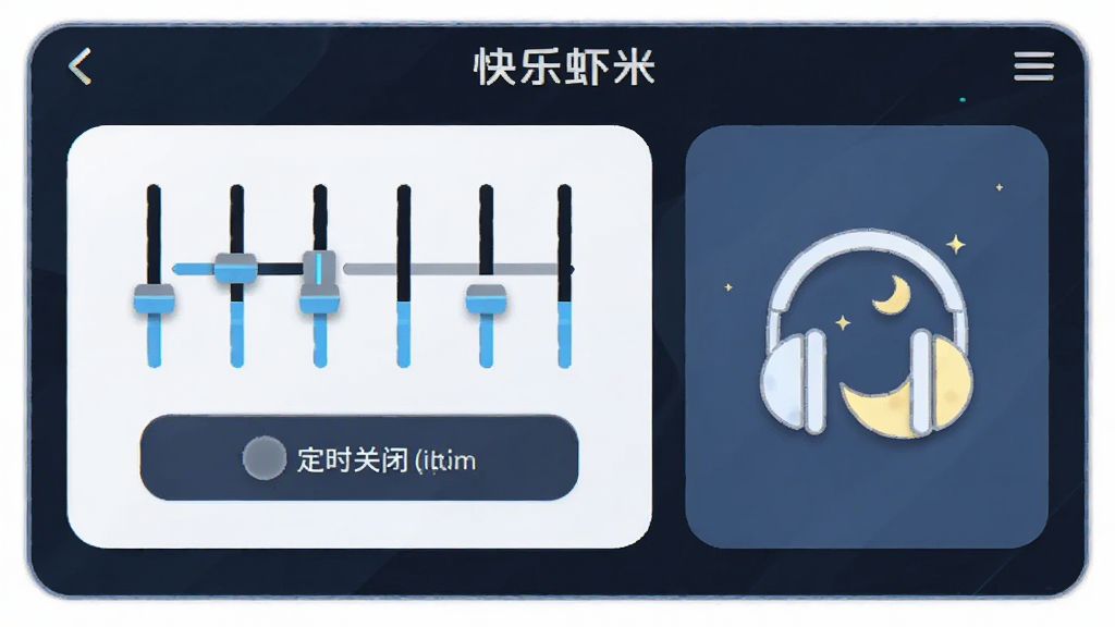 画面展示“快乐虾米”音效设置界面,有均衡器滑块和定时关闭选项,旁边有耳机和月亮图标,风格科技感,布局整洁,画质干净,无多余元素。