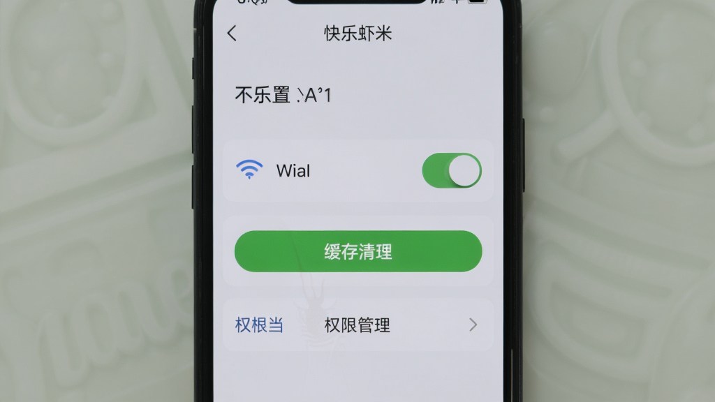 手机屏幕显示“快乐虾米”设置页面,有WiFi下载开关、缓存清理按钮和权限管理选项,背景为浅灰色,风格简约,画质清晰,无多余元素。