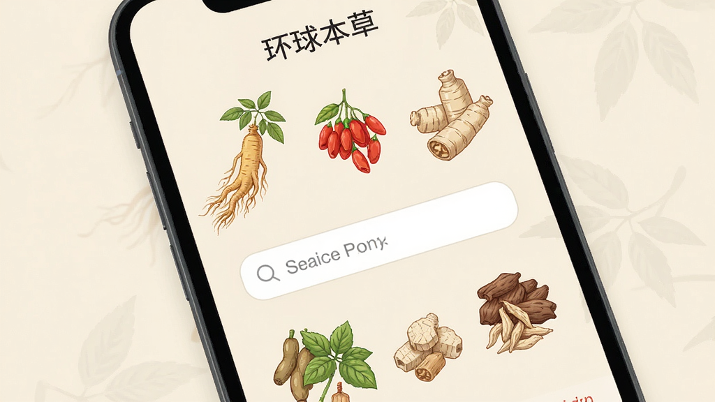 手机屏幕上显示着“环球本草”应用界面,中间是搜索框,周围环绕着各种中药材的插画,如人参、枸杞、当归等,背景是淡雅的米黄色,布局清晰,风格清新简约,细节丰富,画质高清,干净,无多余元素