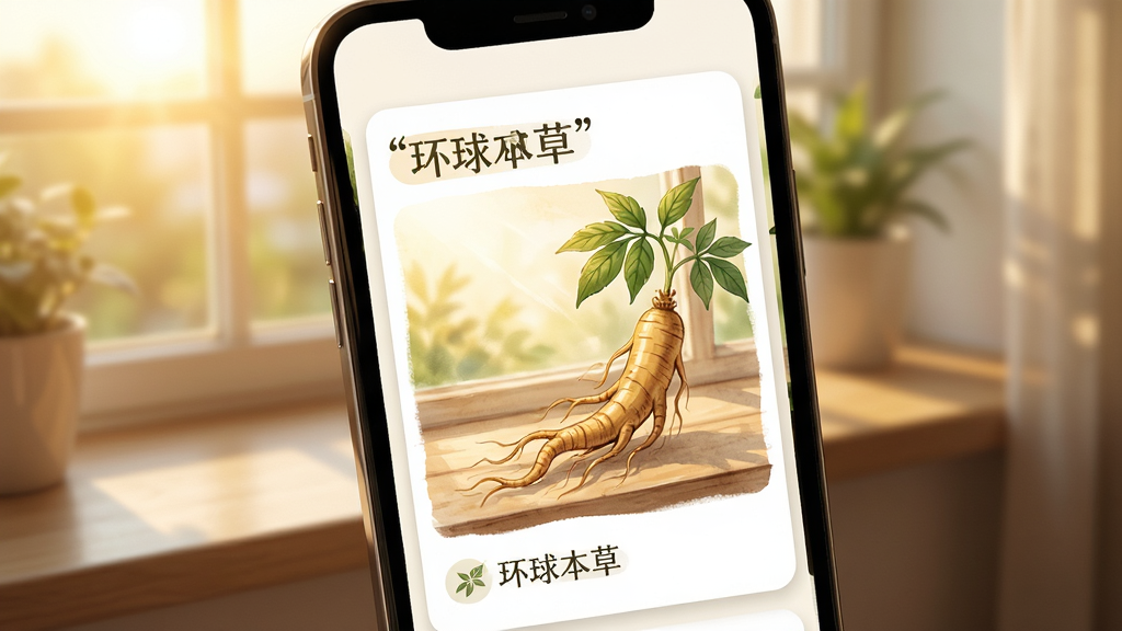 手机屏幕显示“环球本草”的每日推送卡片,卡片上画着一株人参,背景是清晨的窗台,布局温馨,风格清新,细节自然,画质高清,干净,无多余元素