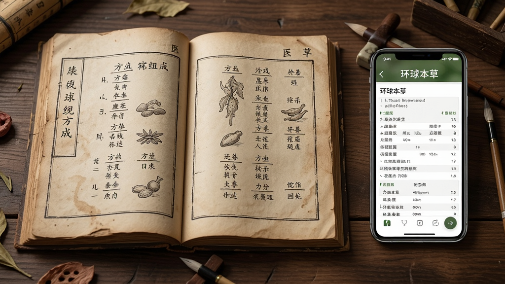 一本摊开的古代医书,书页上画着方剂组成,旁边放着一部手机,手机屏幕上显示着“环球本草”的方剂详情页,布局左右呼应,风格古朴与现代结合,细节丰富,画质高清,干净,无多余元素