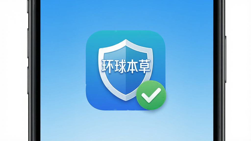 手机屏幕显示“环球本草”应用图标,周围有盾牌和勾选标记,背景是简洁的蓝色渐变,布局居中,风格安全可靠,细节清晰,画质高清,干净,无多余元素
