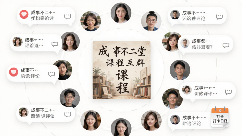 画面展示“成事不二堂”社群互动界面,主体为多位用户头像围绕课程讨论区,布局采用圆形环绕式构图,排版上中间为课程封面四周为用户发言气泡,风格为友好社交类视觉风格,细节包括点赞图标、评论气泡、打卡日历,画质高清,干净,无多余元素