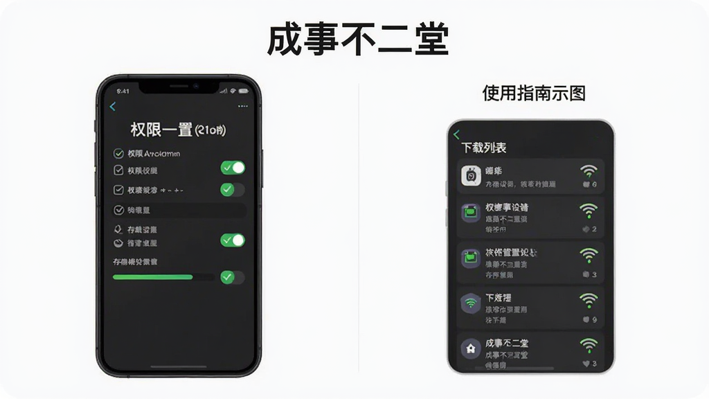 “成事不二堂”使用指南示意图,主体为手机屏幕展示权限设置与下载管理界面,布局采用左右分栏,排版上左侧为权限开关右侧为下载列表,风格为清晰教程类视觉风格,细节包括勾选图标、存储条、WiFi标识,画质高清,干净,无多余元素