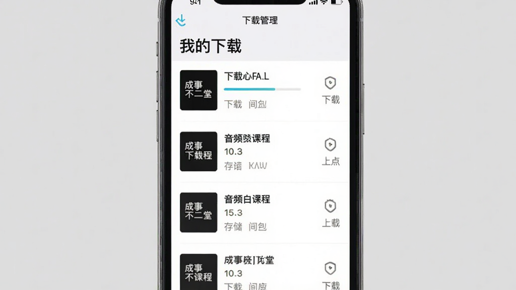 手机界面展示“成事不二堂”下载管理页面,主体为多节音频课程排列成列表,布局采用竖版手机屏幕,排版上顶部为“我的下载”标题,风格为清爽工具类App风格,细节包括下载进度条、已下载图标、存储空间提示,画质高清,干净,无多余元素
