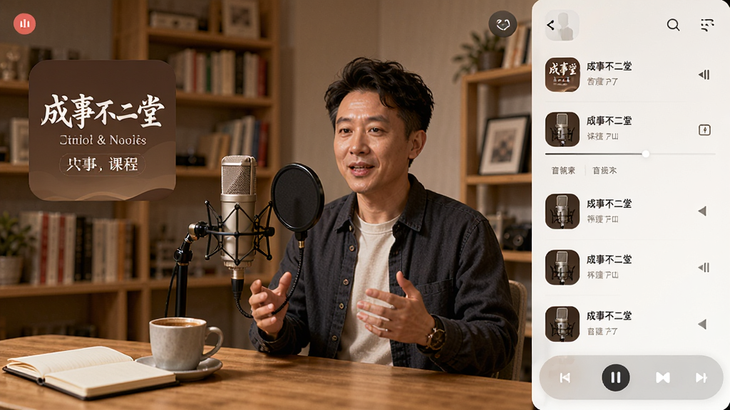 画面中央是“成事不二堂”App的音频播放界面,主体为一位讲师形象正在录音棚中讲解,布局采用横版构图,排版上左侧为课程封面右侧为播放列表,风格为温暖知识类视觉风格,细节包括麦克风、书架、笔记本、咖啡杯,画质高清,干净,无多余元素