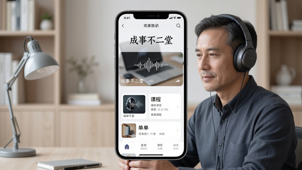 手机屏幕中展示“成事不二堂”应用主界面,画面主体为一位中年男士戴着耳机收听音频课程,背景是简洁的书房场景,布局采用竖版手机界面展示,排版上标题“成事不二堂”居中显示,风格为现代简约知识付费类App风格,细节包括音频波形图标、课程卡片、书单列表,画质高清,干净,无多余元素